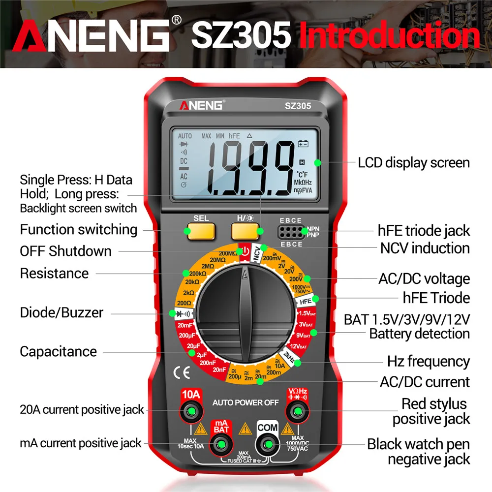 اختبار متعدد القياسات المهنية ANENG SZ305 الرقمية AC / DC الجهد الحالي NCV الجهد الاستقراء hFE الثلاثي ثنائي قياس متعدد القياسات أدوات الكهربائي
