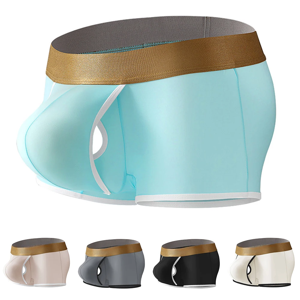 Cueca boxer masculina de seda gelada, cintura média, com tecido respirável, bolsa aberta e bolsa de protuberância, roupa íntima de separação