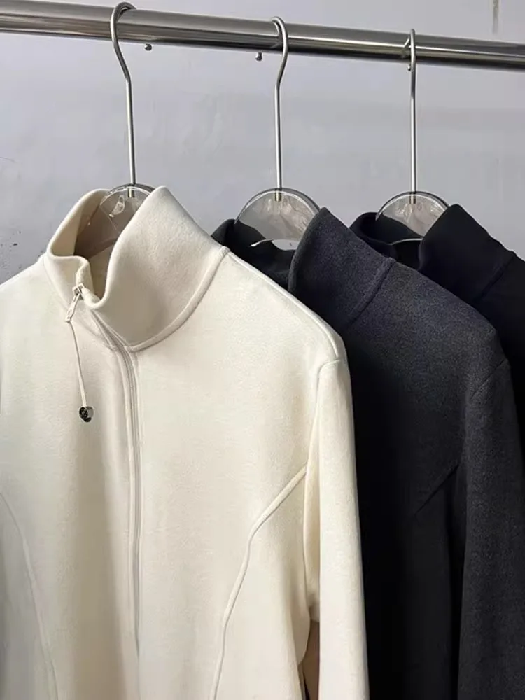 スリムフィットロングスリーブジッパーカーディガン女性の春秋の新作韓国版ダブルジッパースタンドカラースウェットジャケット
