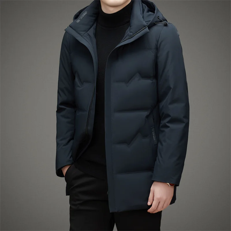 Winter New Men's Hooded Medium to Long Down Jacket High Quality Cold resistant and Warm Down Jacket with 90% Duck Down Content