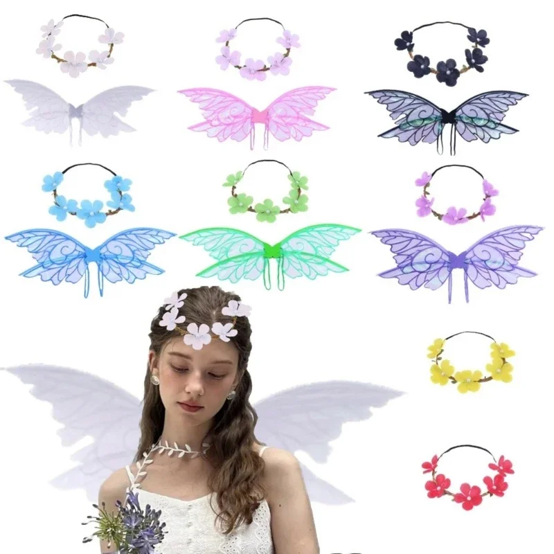 Enchanting Elf Butterfly Wing and Florals Headband Set Dress Up Photo Props Halloween Cosplay Costume Accessories