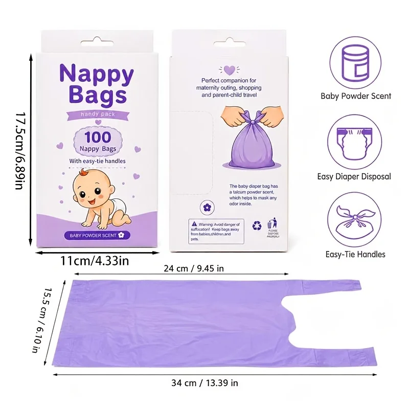 100-Pack Diaper Disposal Bags, Portable Disposable Diaper Wet Waste Bags, Scented Diaper Collection Bags, Vest-Style Baby Diaper Bags view 2