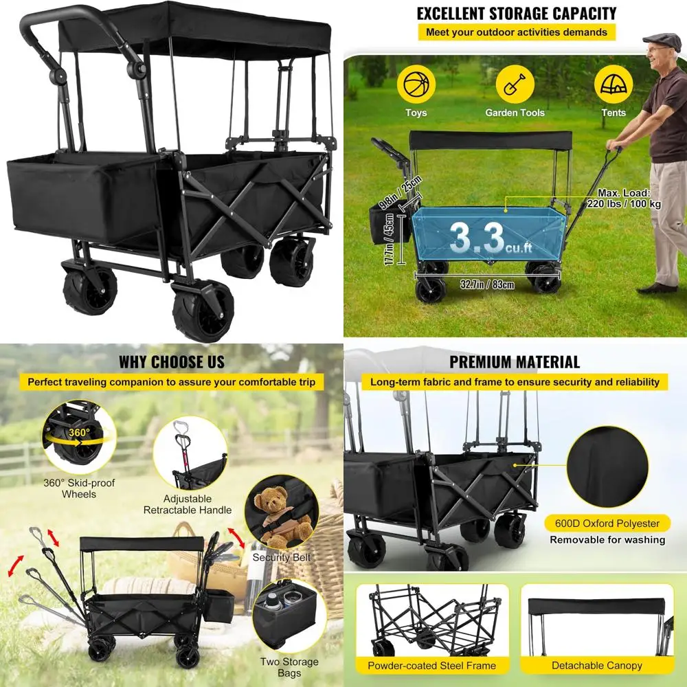 

Extra Large Collapsible Garden Cart with Removable Canopy, Folding Utility Wagon with Wheels and Rear Storage for Outdoor Activi
