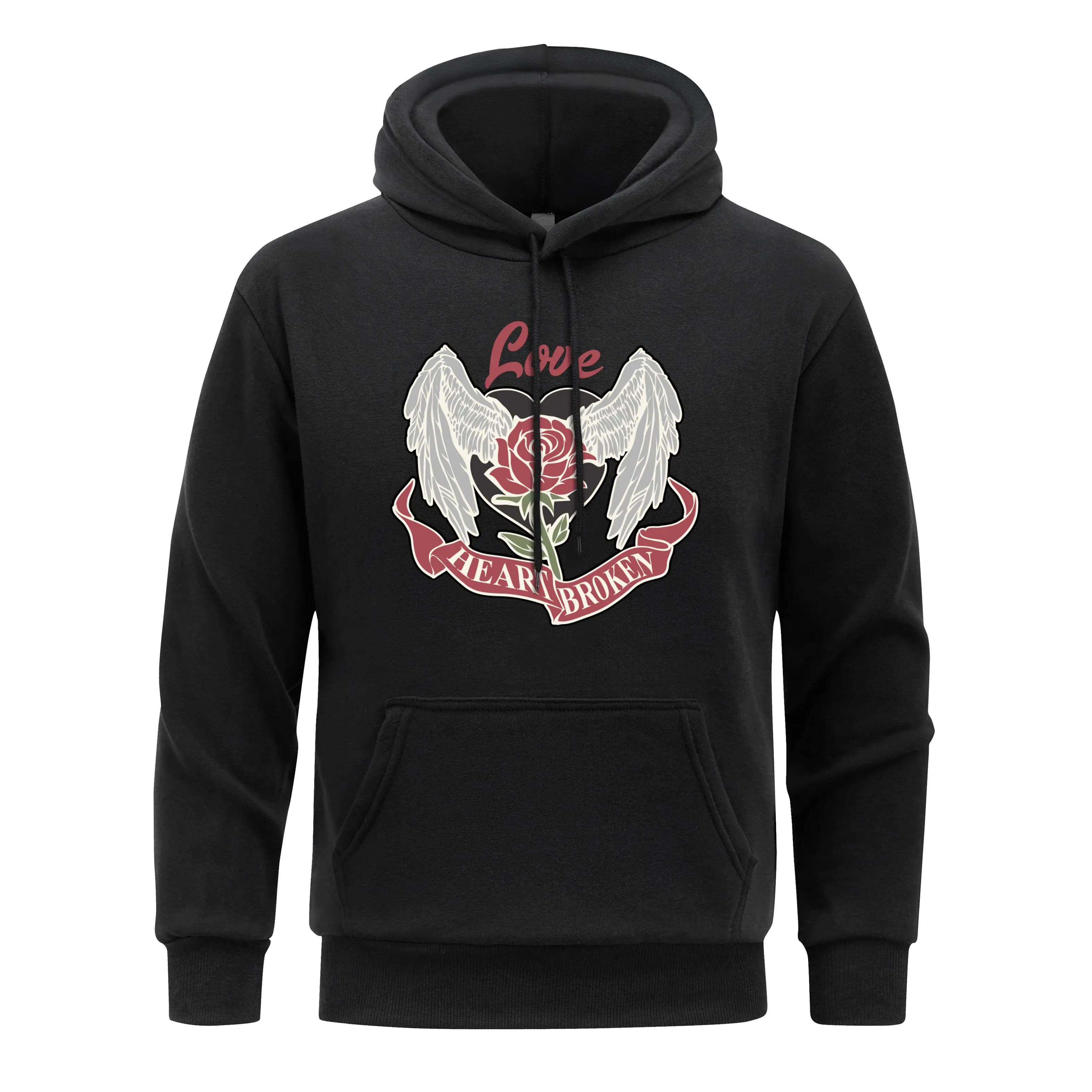 Angel's Wings Guard Roses Hoodies Man Heart Broken Hoodie Casual fur-liner Men Hooded Soft Spring Autumn Clothes