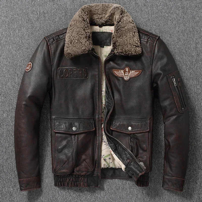 LNY SHop Best,Brand new G1 Vintage brown cowhide jacket.Men Winter air force genuine leather coat.Plus size cloth.