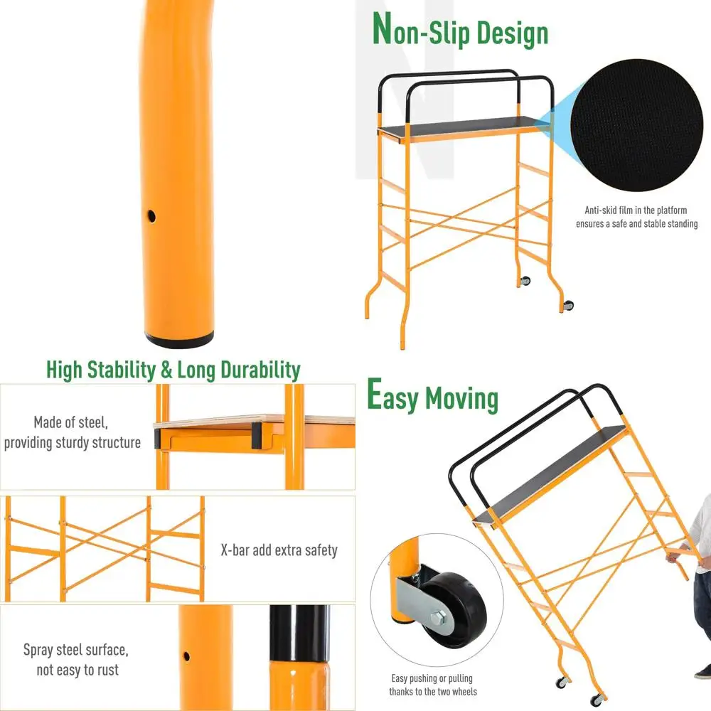 

4-ступенчатые стальные леса 4,6 x 2 x 6 футов, 2 колеса, свободное перемещение для внутреннего и наружного украшения, противоскользящие, вместимость 440 фунтов