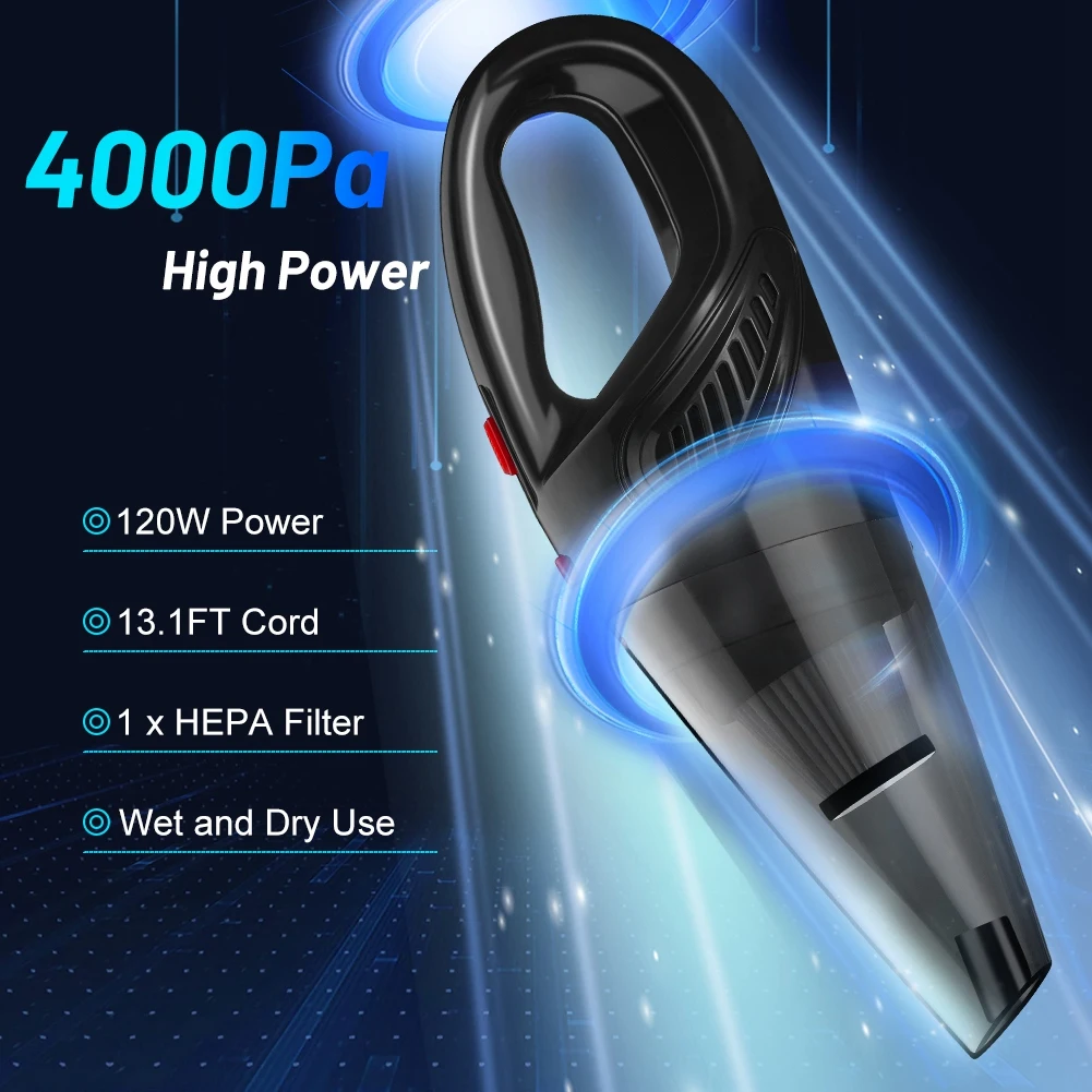 Car Vacuum 4000Pa High Power Strong Suction Corded Car Vacuum Cleaner Mini Portable Handheld Vac