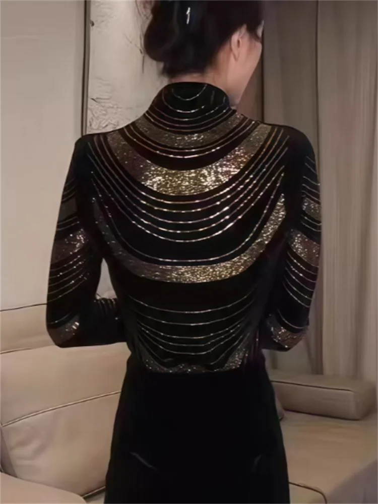 الماس التي شيرت المرأة عالية الرقبة تي شيرت طويلة الأكمام الساطع قاعدة أعلى ربيع الخريف امرأة عادية التي شيرت الشارع الشهير المحملة