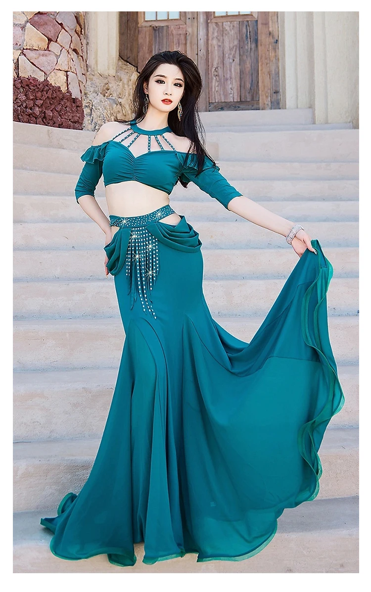 النساء الرقص الشرقي النمط الشرقي النساء مجموعة زي الفتيات التدريب الزي شيمي هامش الرسن براعم علوية ذيل السمكة التنانير الطويلة