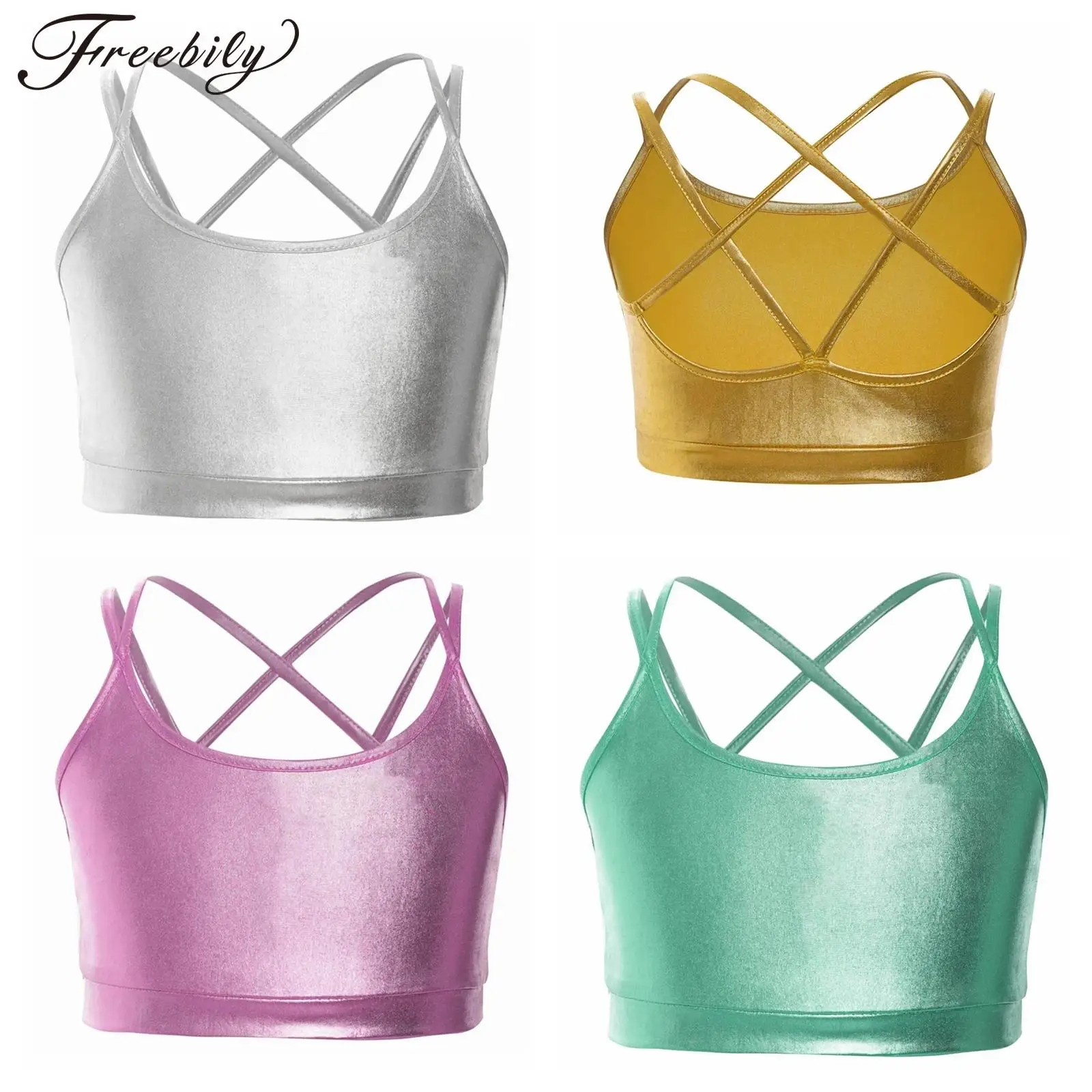 

Fashion Children Metallic Jazz Dance Top for Girls Strappy Crop Top Camis Hip Hop Clothes Shiny Streetwear Performance Costume