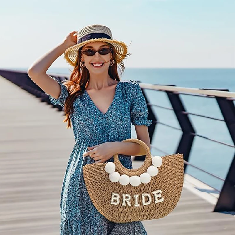 

Bride Mrs Letters Beach Handwoven Straw Tote Bag Wedding Bridal Shower Bachelorette Party Decoration Bride To Be Future Mrs Gift