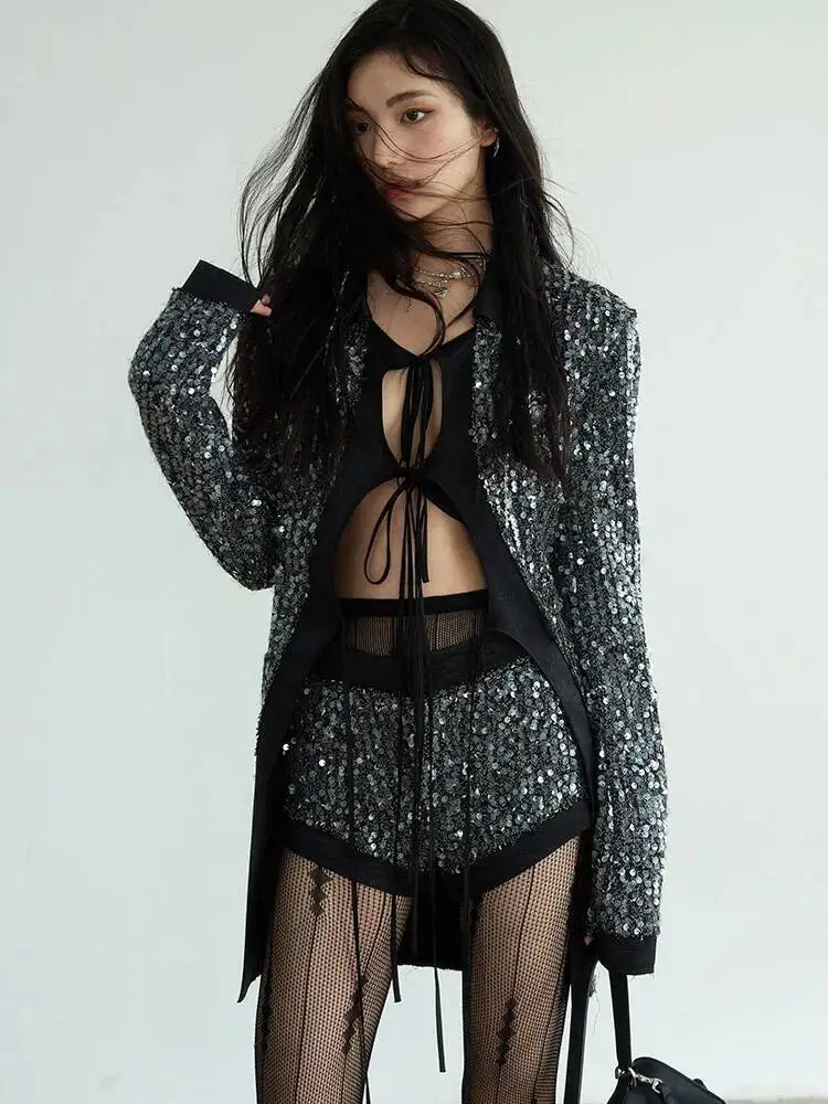 Gespleißt Pailletten Glänzende Blazer Zwei Stück Set Frauen V-ausschnitt Langarm Patchwork Spitze Up Top Hohe Taille Shorts Sets Weibliche Neue