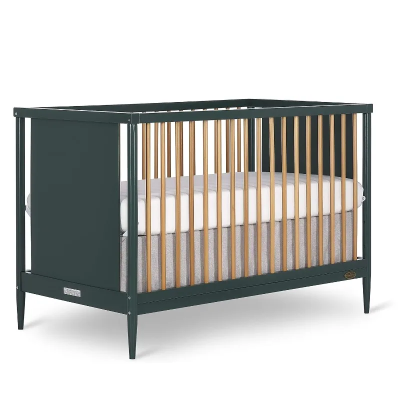 4-in-1 Modern Island Crib with Rounded Spindles in Olive, Convertible Crib, Mid-Century Meets Modern