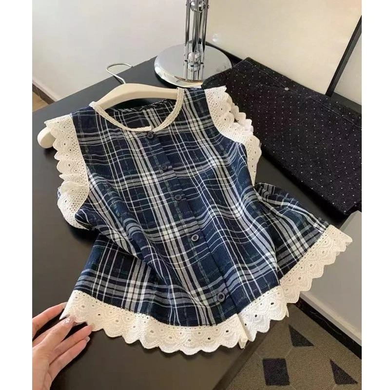 

Lace Lace Plaid Sleeveless Shirt Women's French Niche Design Sense Flying Sleeve Top New Summer Shirt Ins Temperament Comfort