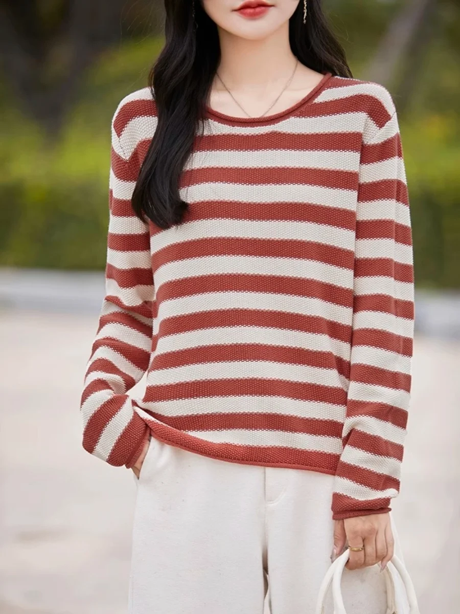 

Thiened Pure Cotton Knitted Stripe Base irt Women's Faion Anti-Aging Autumn Winter New Sle Warm Knitted Sweater