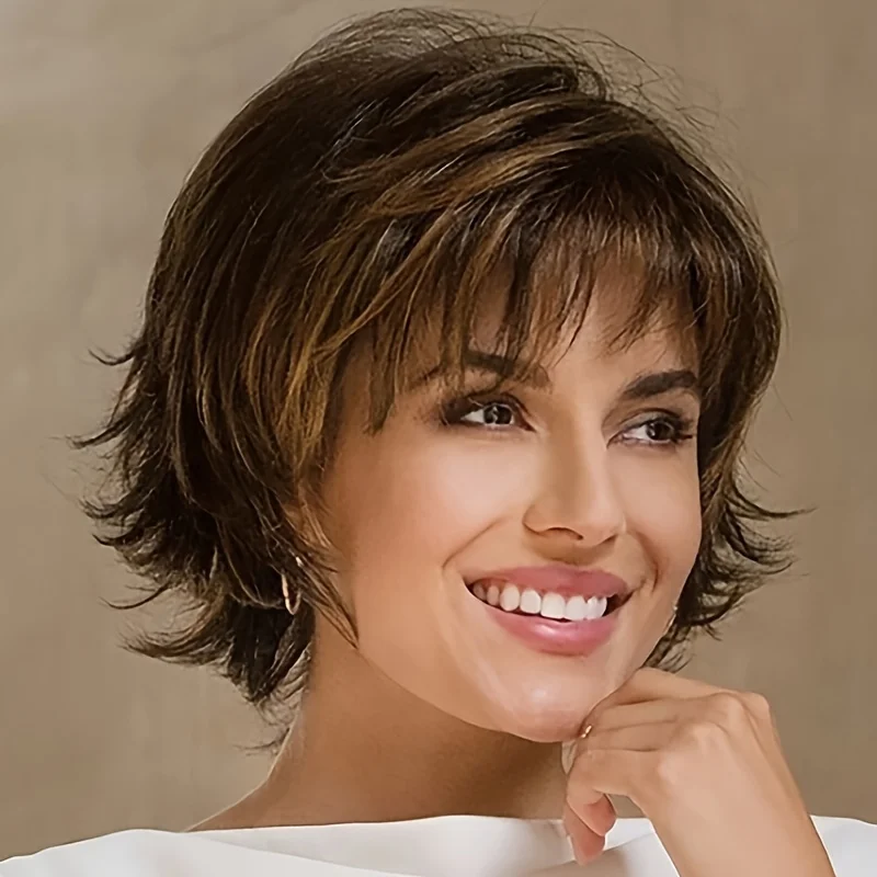 

Ladies' Fashion Black Brown Short Curly Wig, Straight Hair Wig with Bangs | Volumizing Rose Net Synthetic Fiber