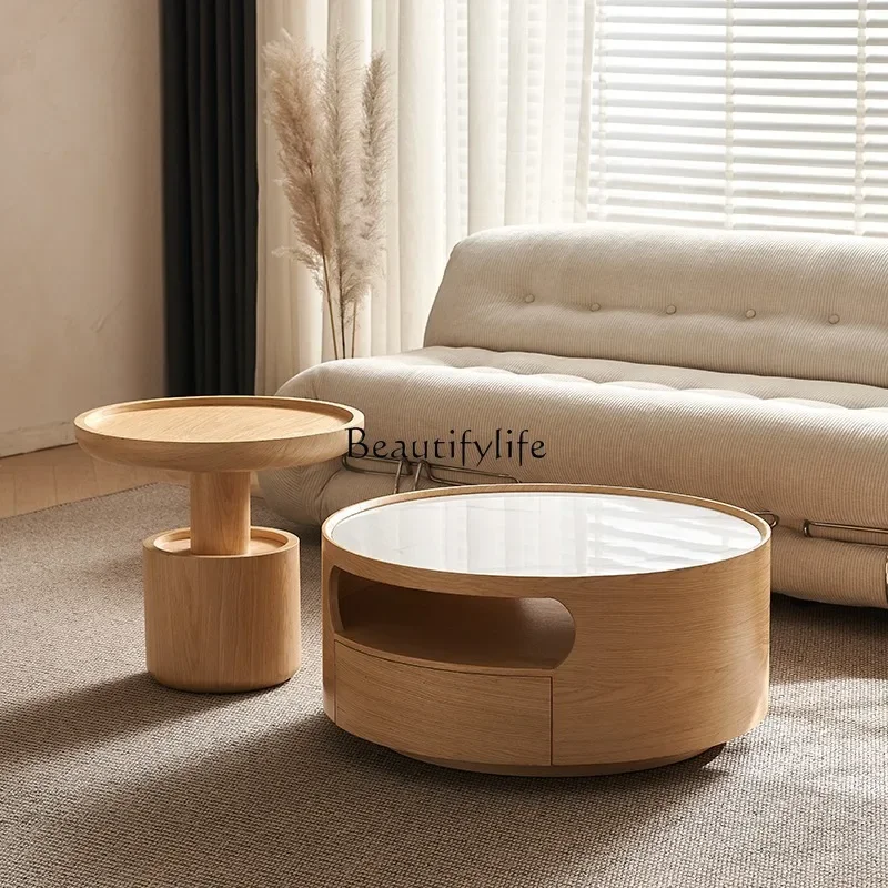

yj32 Living room household small apartment log color rock slab round coffee table combination