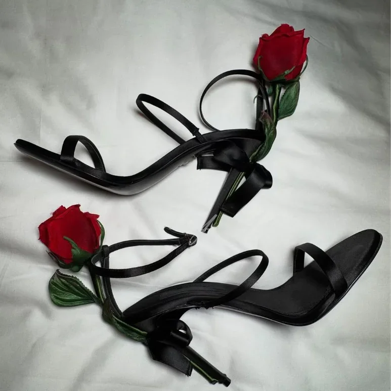 

Black Silk Rose application Sandals Women Open Toe High Stiletto Heel Buckle Strap Bow Detailing Floral Embellished Formal Shoes