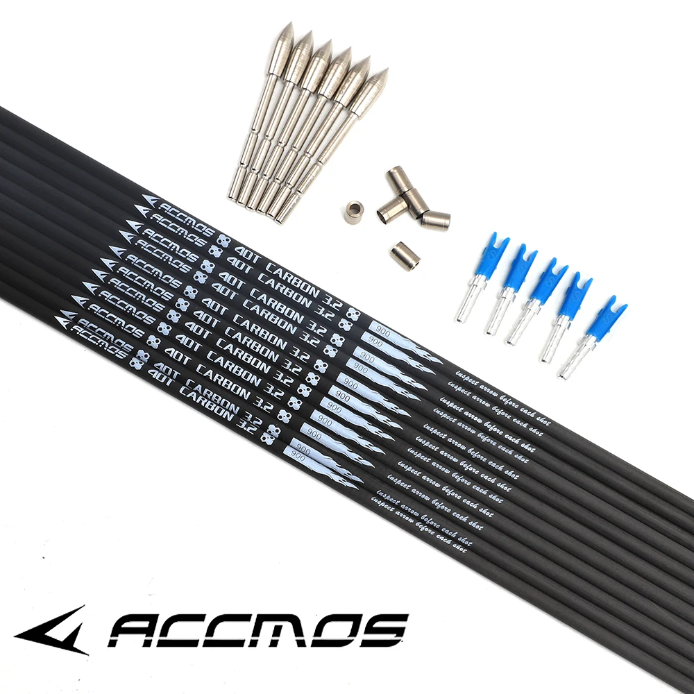 

6pcs Accmos Arrow Shaft Id 3.2mm 40T Carbon Arrow Spine 350 600 700 800 900 1000 Shaft+Nocks+Arrow Head Archery Bow and Arrow