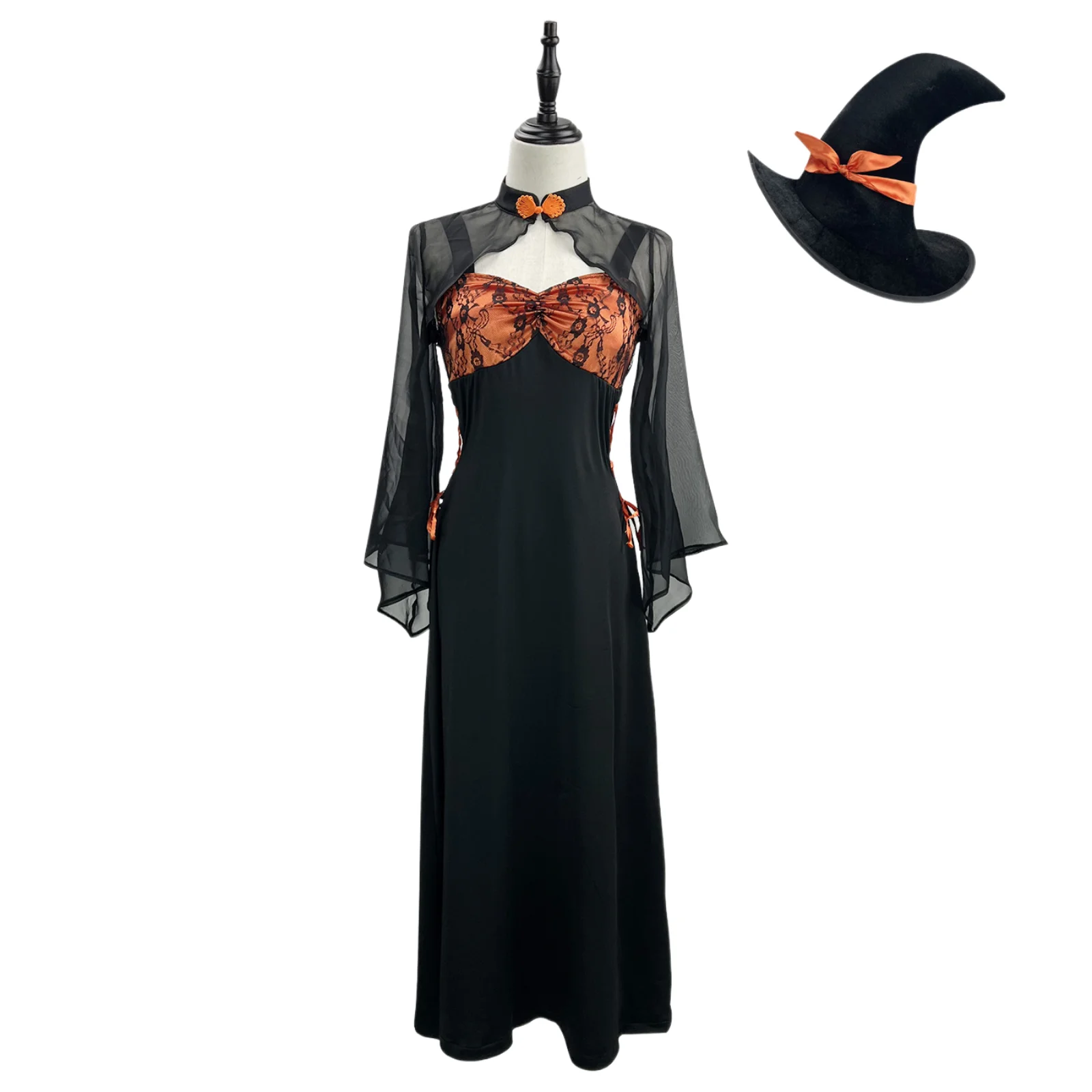 

Halloween Witch Costume Plus Size Medieval Gothic Witch Dress with Witch Hat Tulle Cloak Carnival Party Dress