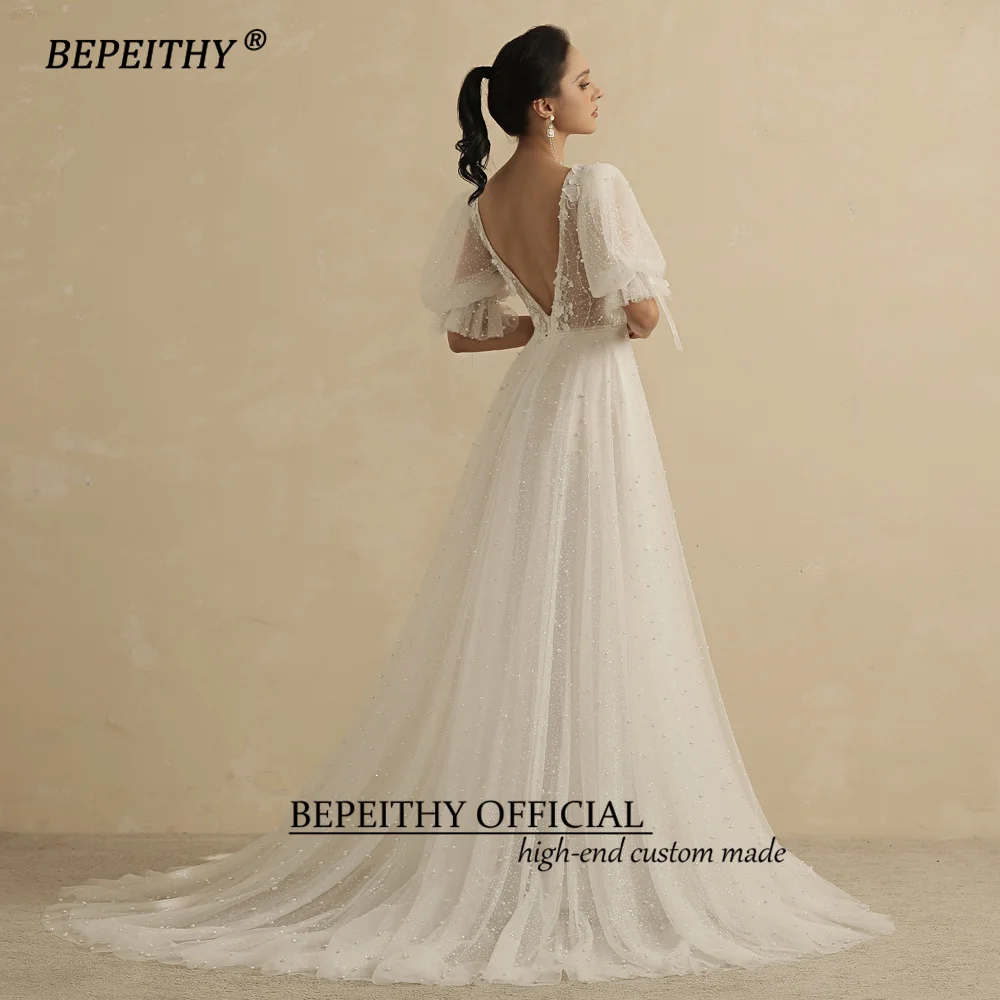 Bepeithy personalizado imagem real vestidos de casamento para as mulheres 2023 noiva pérolas meia mangas praia boho vestido de festa de noiva aberto volta