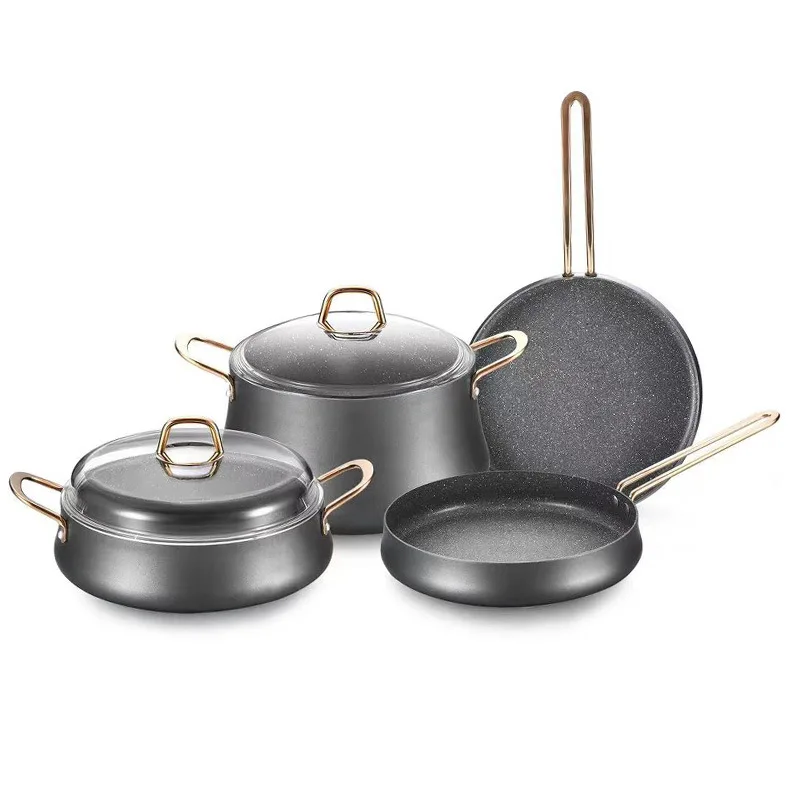 Eco-friendly 6 Pcs Belly Pot Set Die-casting Non-stick Aluminum Kitchenware Cookware With Gold Handle