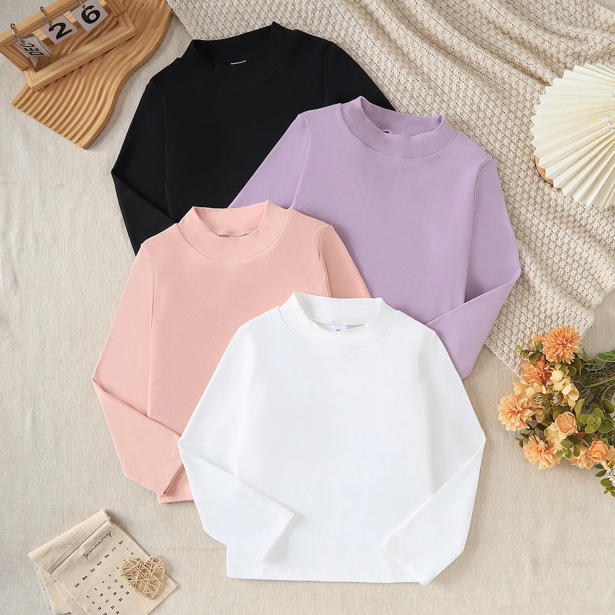 4Pcs Spring Autumn Kids Mock Neck Long Sleeve Shirts,Solid Color Slim Fit Thermal Base Layer Tops,Soft Stretchy Fleece Undershir