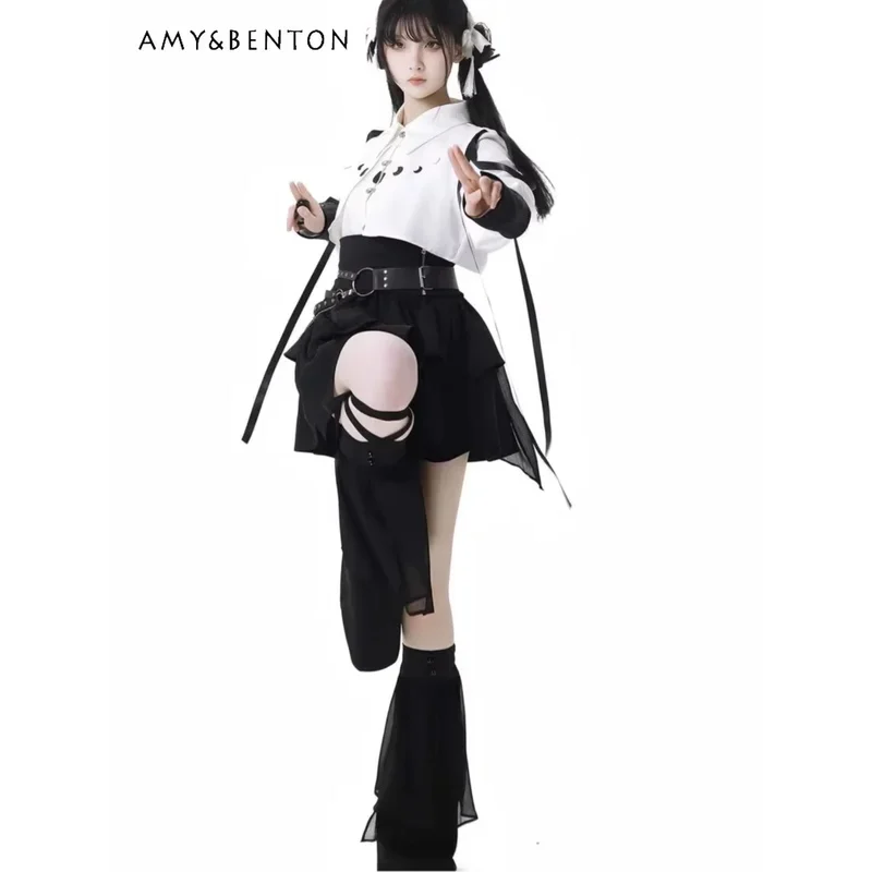 25COSSweet فتاة باردة الصليب الدانتيل يصل قميص سليم الصناعة الثقيلة الرجعية المطبوعة حزام غير النظامية تنورة قطعتين مجموعة النساء ثقافة فرعية