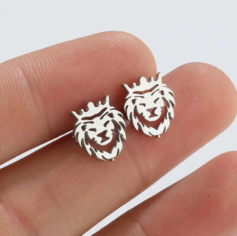 Fashion Personality Stainless Steel Hollow Crown Lion Animal Stud Earrings for Men Women Punk Charms Hypoallergenic Jewelry