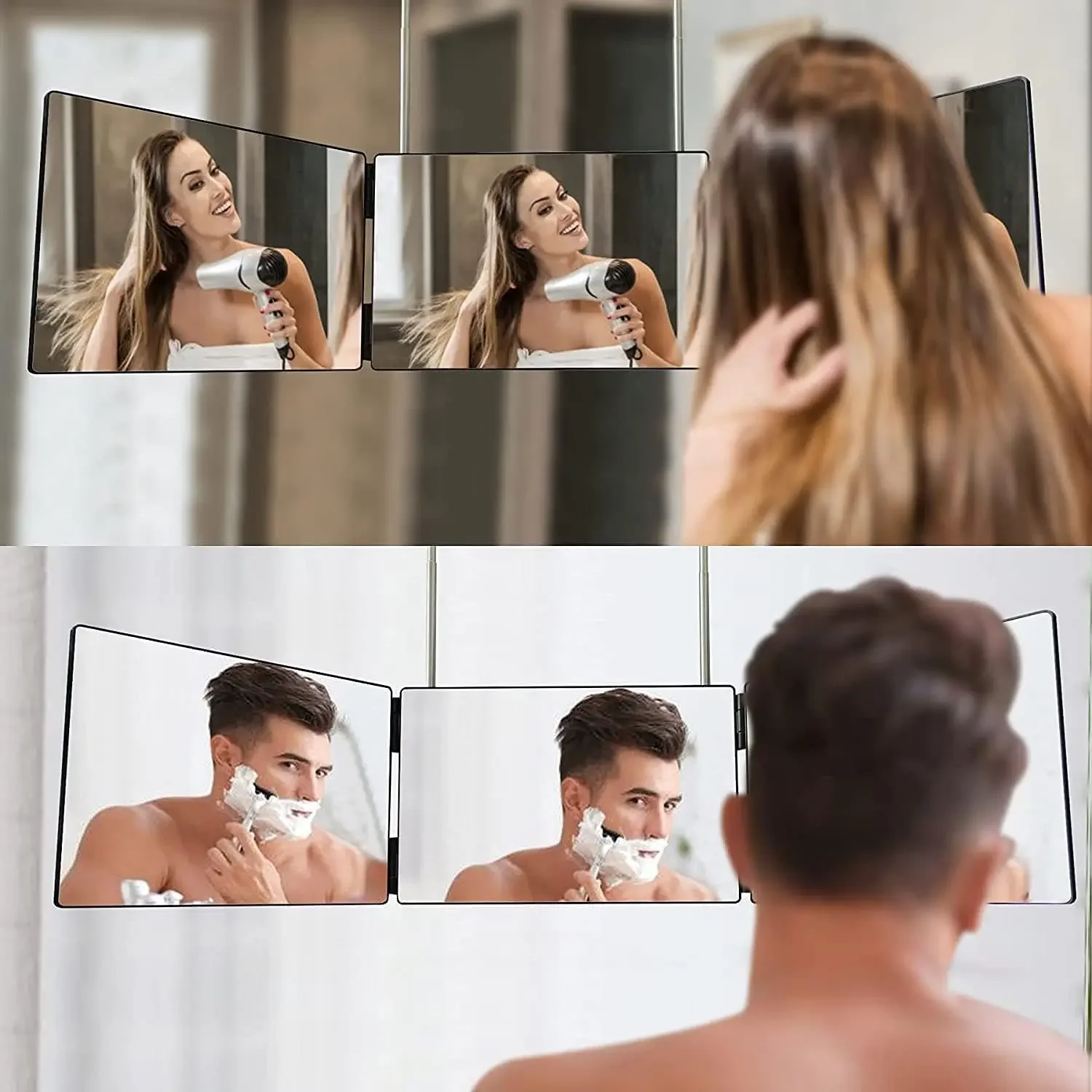 Espelho dobrável de 3 vias para corte de cabelo, espelho triplo 360 com ganchos telescópicos ajustáveis em altura para maquiagem e estilo de cabelo