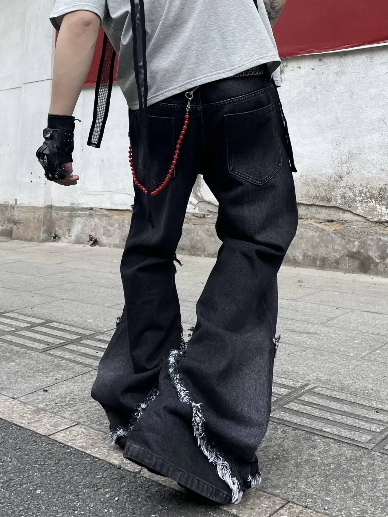 Men's Jeans Streetwear Y2K Wide Pants For Men, Baggy Vintage Frayed Edge Patchwork Versatile Men's Denim Trousers, All Seasons