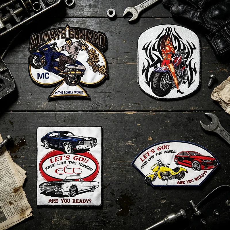 Skull Lady Sports Car Embroidered Patch, Sew-On Applique for Jacket Back, Vest, Motorcycle Club Biker MC Clothing Decoration