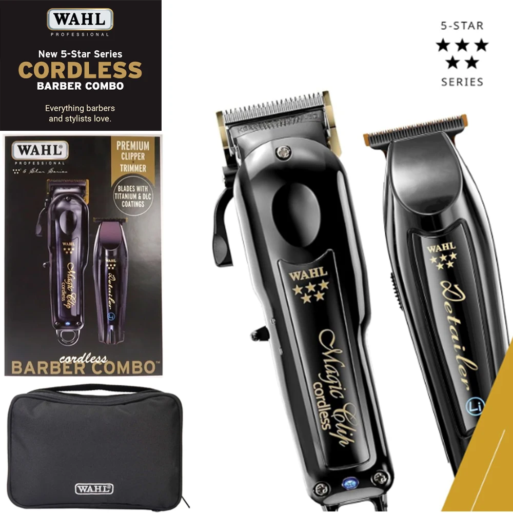 المهنية 5 نجوم اللاسلكي ماجيك كليب التفاصيل لي الذهب، واهل قسط الأسود الحلاق كومبو كيت مع شفرات طلاء التيتانيوم DLC