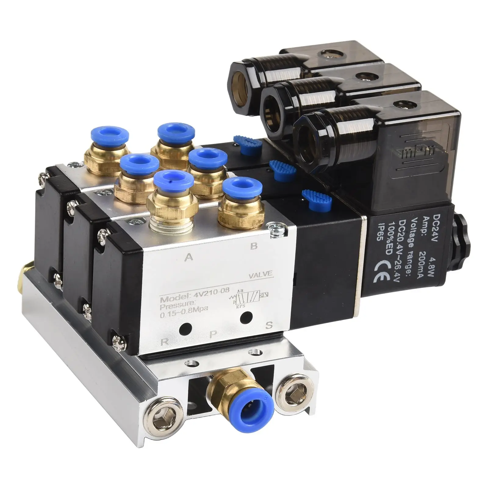 Easy Monitoring of Power On Status Pneumatic Solenoid Air Valve 4V21008 24V 14In Base Quick Fitting Muffler Set 3