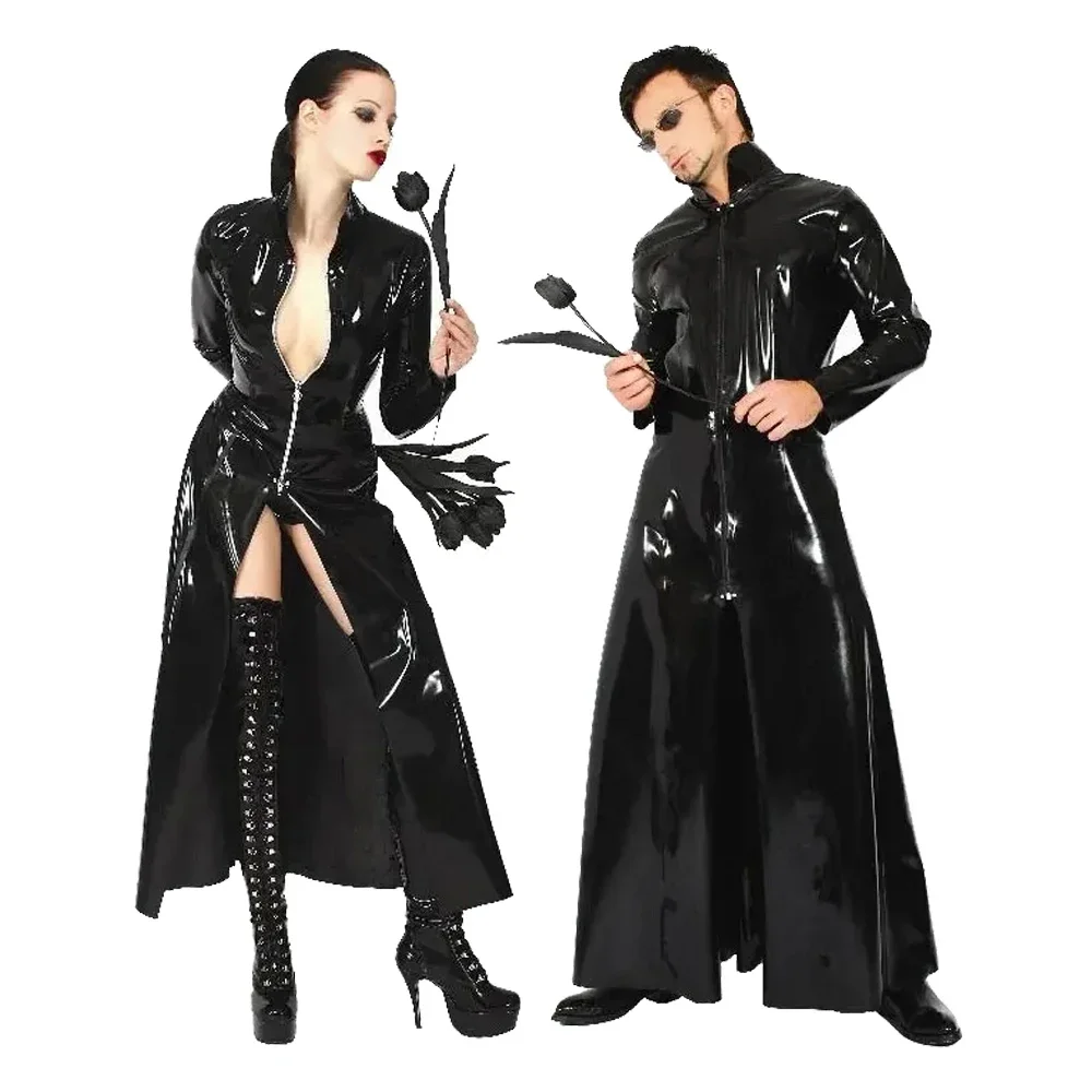 Black Latex Catsuit PVC Leather Catsuit Gay Latex Costume Stretchable Spandex Patent Leather Long Coat The Matrix Costume