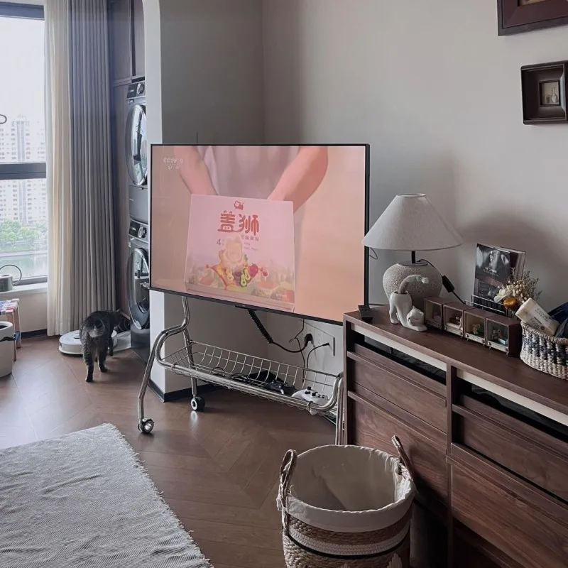 Multifunctional Movable Stainless Steel TV Stand with Storage Basket, Fits 32-75 Inch TVs, Universal for Living Room and Bedroom