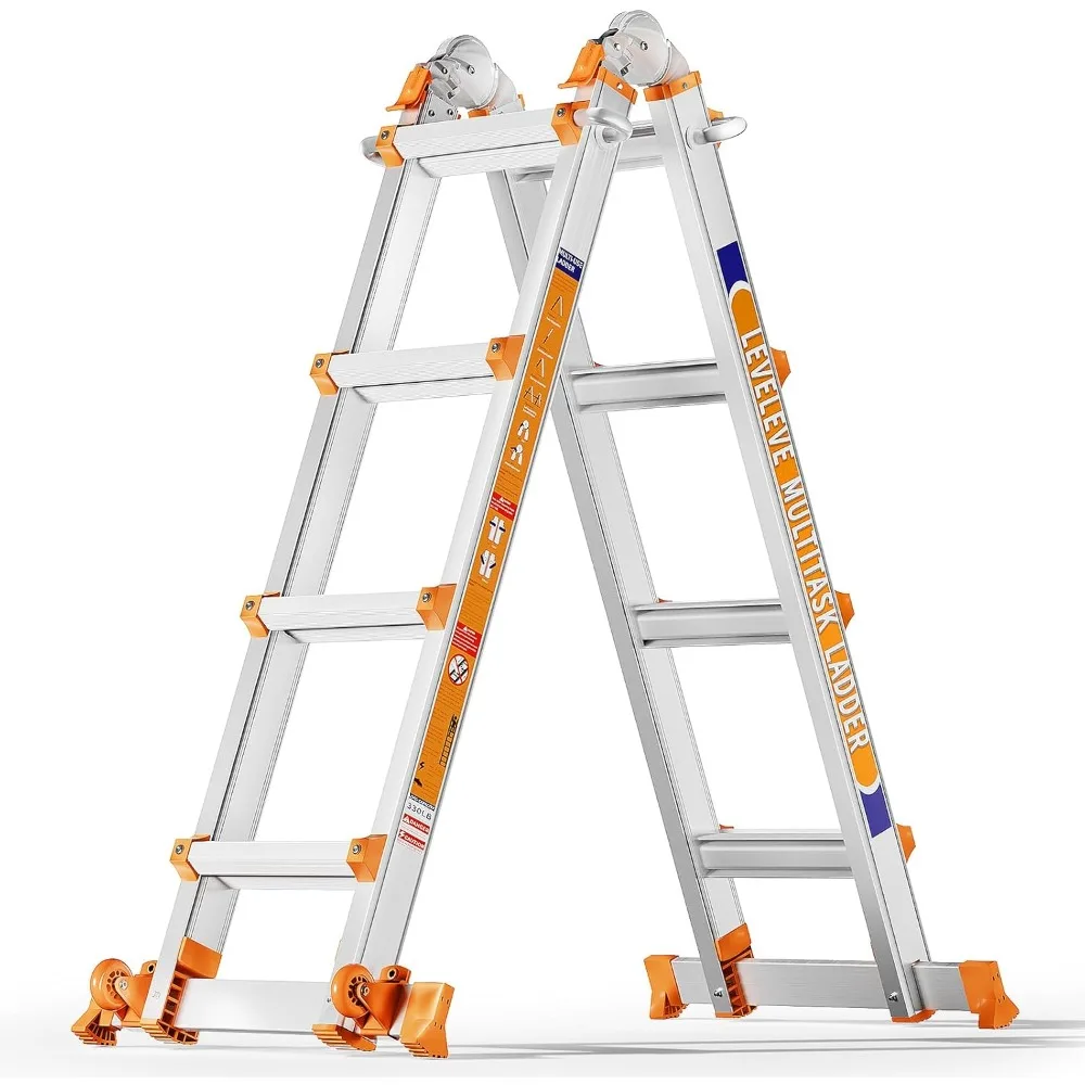 

Multi Position 4 Step Ladder, 14FT Extension Ladder with Stabilizer Bar & Wheels,330 lbs Security Load A Frame Ladder for Stair