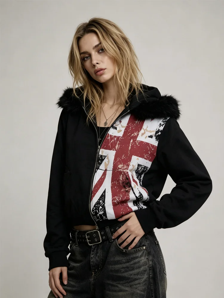 Damen-Winterjacke Retro Gothic Grafikdruck Pelzkragen Loser Reißverschluss-Sweatshirt Amerikanischer Harajuku Punk Casual Hoodie – Detail 11