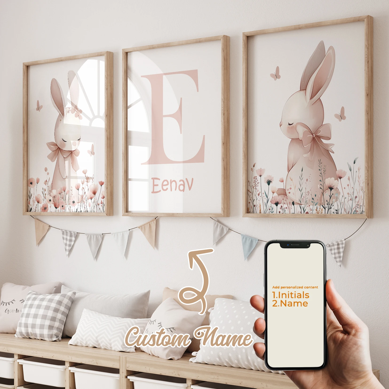 3 Stück personalisierte, individuelle Tier-Wandkunstdrucke mit Namen, Kaninchen-Motiv, Leinwandposter, Gemälde für Wohnzimmer, Heimdekoration