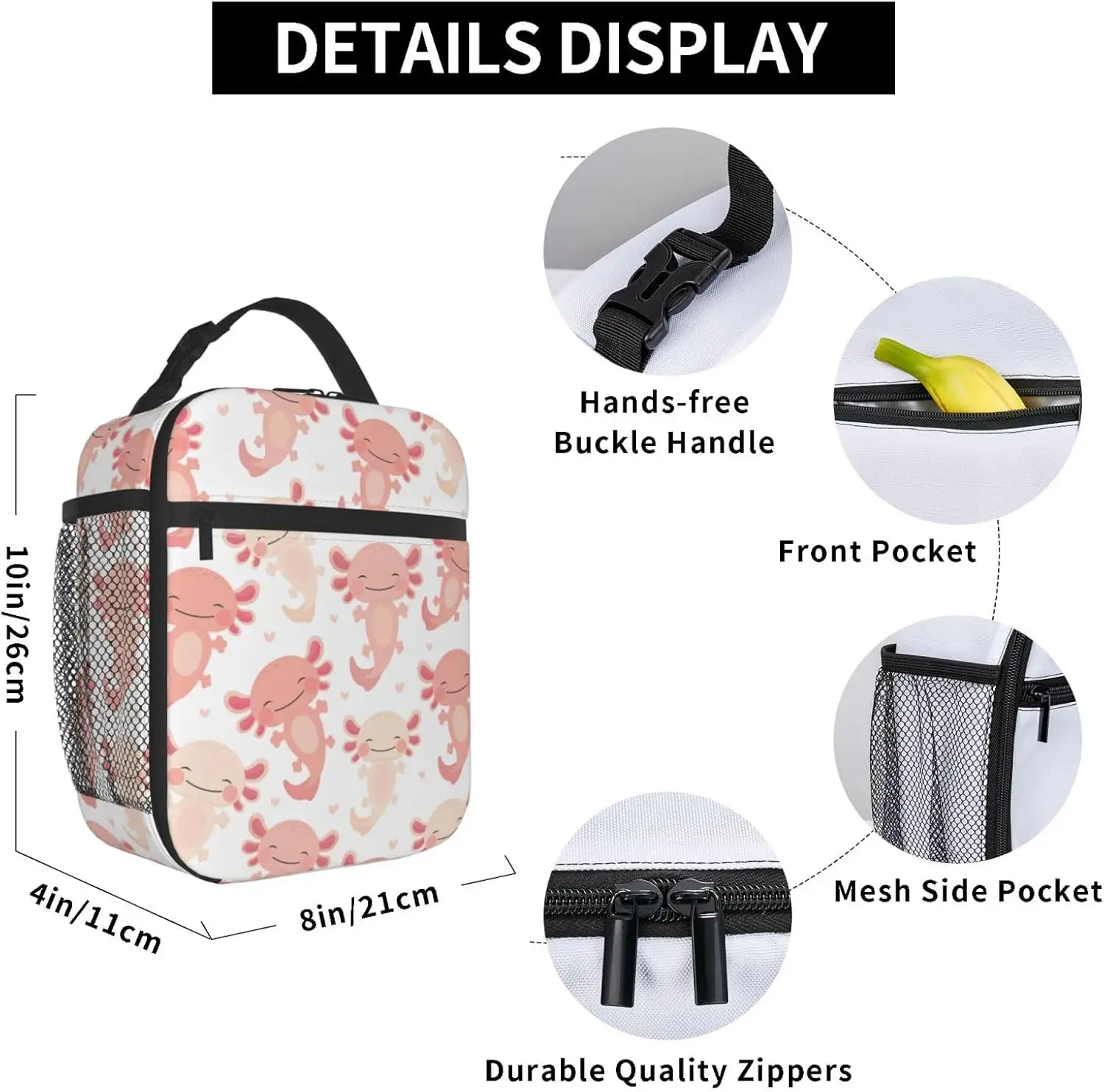 Axolotl-fiambrera con estampado, bolsa de almuerzo reutilizable térmica con aislamiento, bolsas más frescas para hombres, trabajo, oficina, Picnic, senderismo