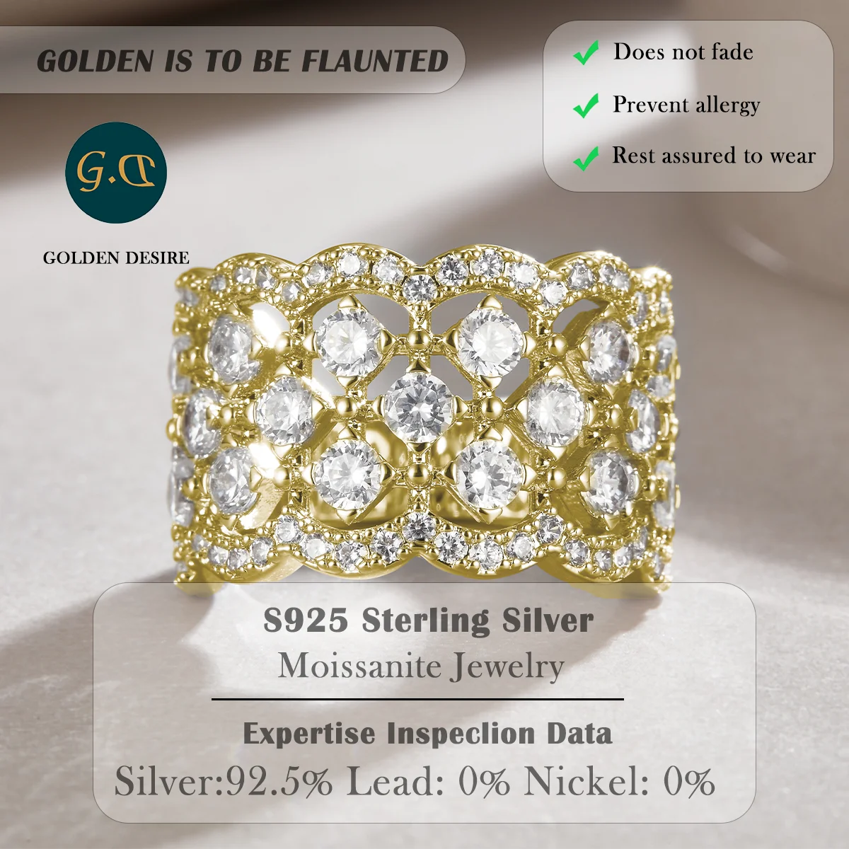 2.252ctw Gold-Plated Wide Band Ring with Sparkling Moissanite Stones – A Glamorous Statement Piece for Sophisticated Women