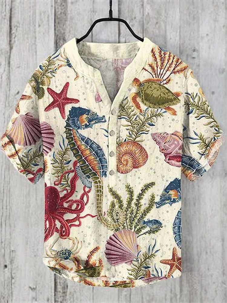 Camisa de manga corta con estampado animal para hombre, camisa de lino del sudeste asiático, cuello en V, informal, estilo étnico, Verano