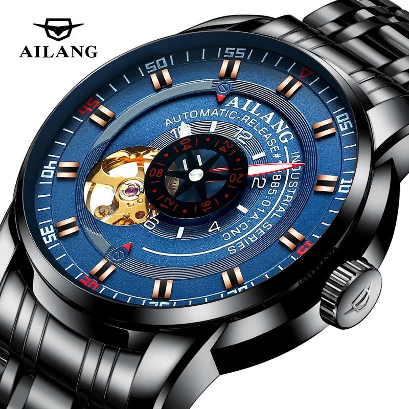 AILANG Brand 2024 New Design Fashion Mechanical Watch for Men Luxury Stainless Steel Waterproof Hollow Business Mens Wristwatch