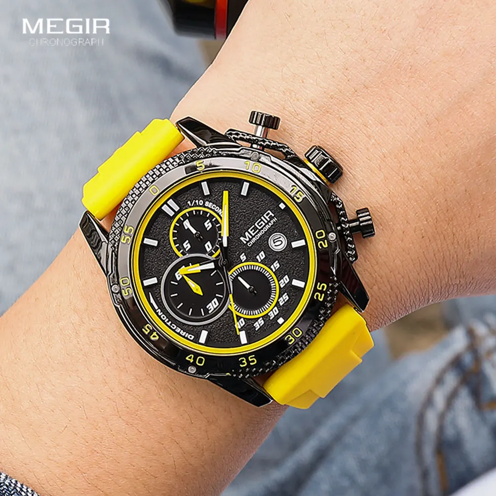 MEGIR Watch for Men Fashion Silicone Strap Chronograph Quartz Wristwatches with Auto Date Luminous Hands 3atm Waterproof 2211