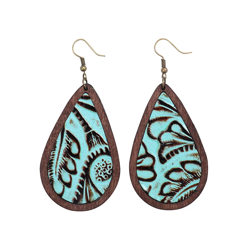 

Leather Vintage Embossed Classic Teardrop Earrings Western Style Leather Exaggerated Earrings Wood Splicing