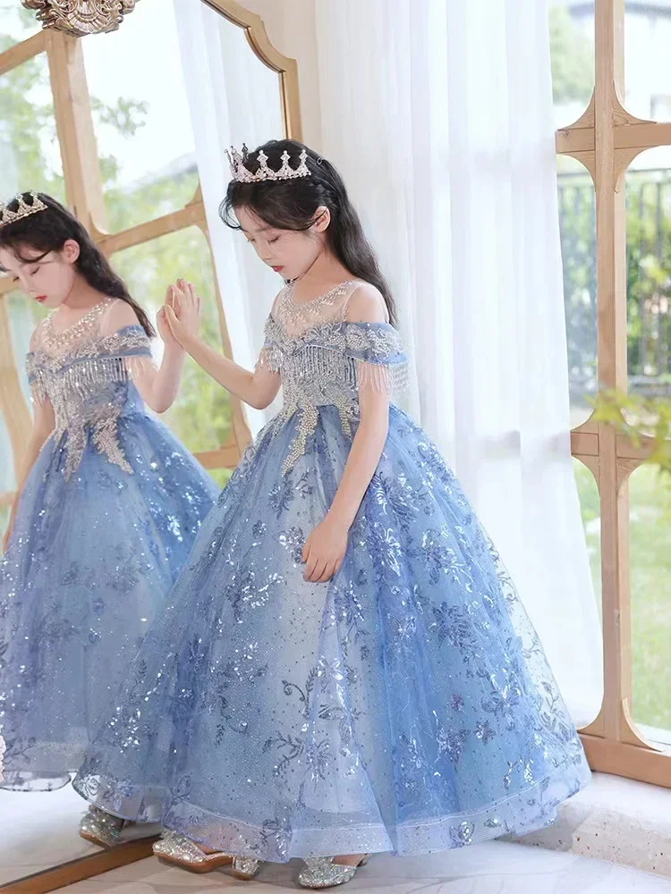 Gaun Panjang Putri Gadis Bunga Renda Biru Elegan Anak Perempuan Gaun Natal Anak-anak Gaun Pernikahan Anak Pesta Prom Malam