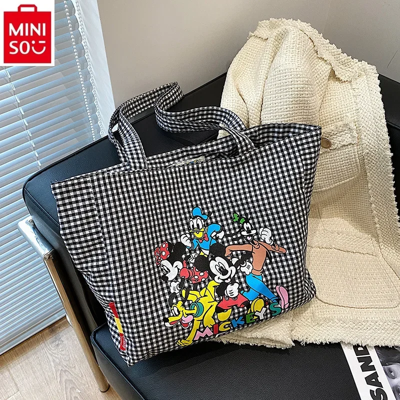 MINISO Disney Family Women's Large Capacity Cartoon Anime Mickey Donald Duck Rice Print One Shoulder Shopping Bag Handbag