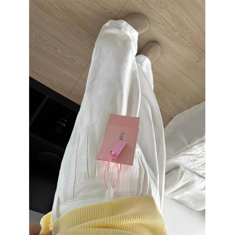 Lente 2026 Hoge taille rechte pijpen getextureerde witte denim jeans dames losse afslankende wijde pijpen vloerlengte broek