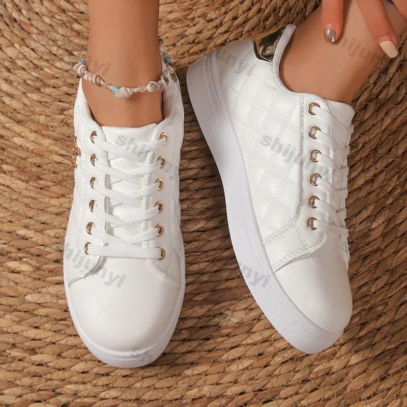 Women's Casual Sports Shoes Fashion PU Leather Platform Sneakers Woman Light Flat Non Slip Lace Up Vulcanized Shoes Plus Size 43