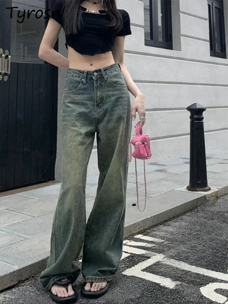 

Jeans Women Retro High Waist Autumn Plus Velvet American Style Loose Washed Wide-leg Straight Floor-length Popular OL Trousers